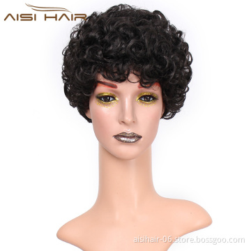 Aisi Hair Wholesale Afro Synthetic Wigs For Black Women Black Short Curly Cut Wig With Bangs Heat Resistant Fiber